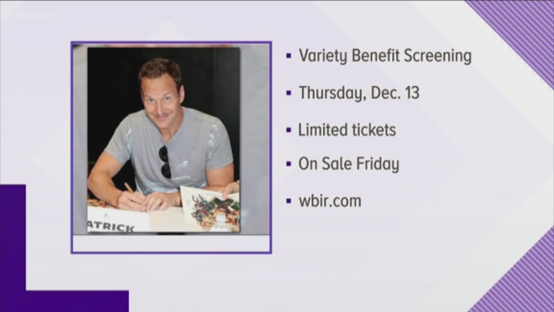 Regal Entertainment announced today that Patrick Wilson will come to Knoxville on Dec. 13 to appear at a benefit screening of the upcoming movie 'Aquaman'. The screening benefits the Variety Children's Charity. Limited tickets go on sale Nov. 16.
Nov. 14,