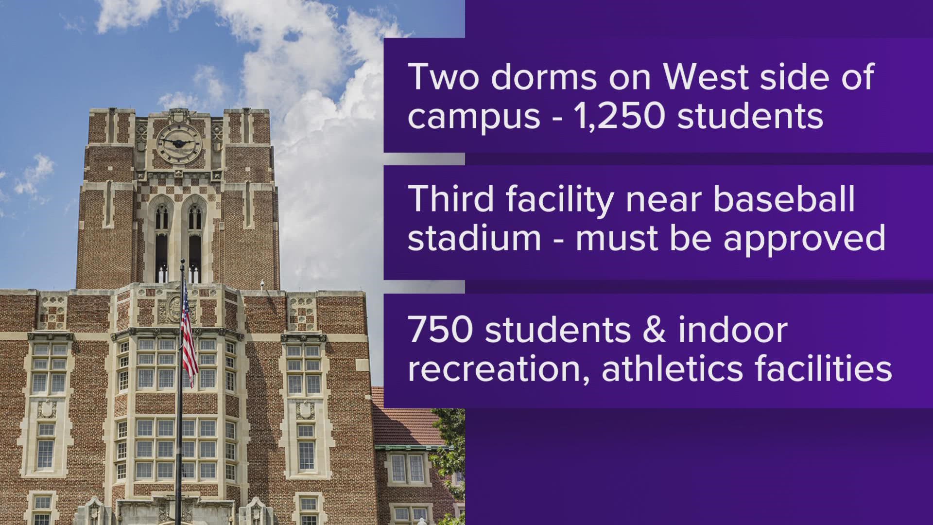 The board of trustees approved adding the buildings to the university's master plan with three new dorms, two of which will be on the west side of campus.