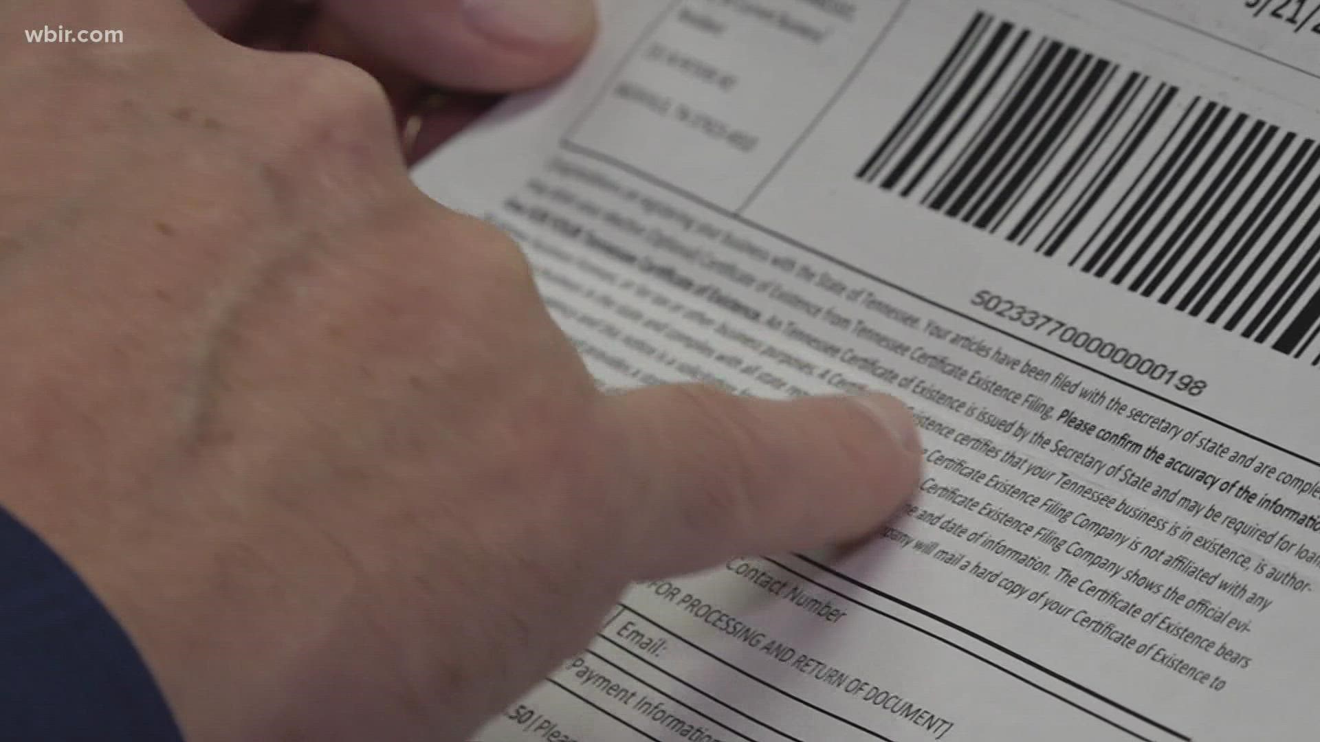 Officials with the Better Business Bureau warn not to respond to a letter from the "Tennessee Certificate Existence Filing Company."