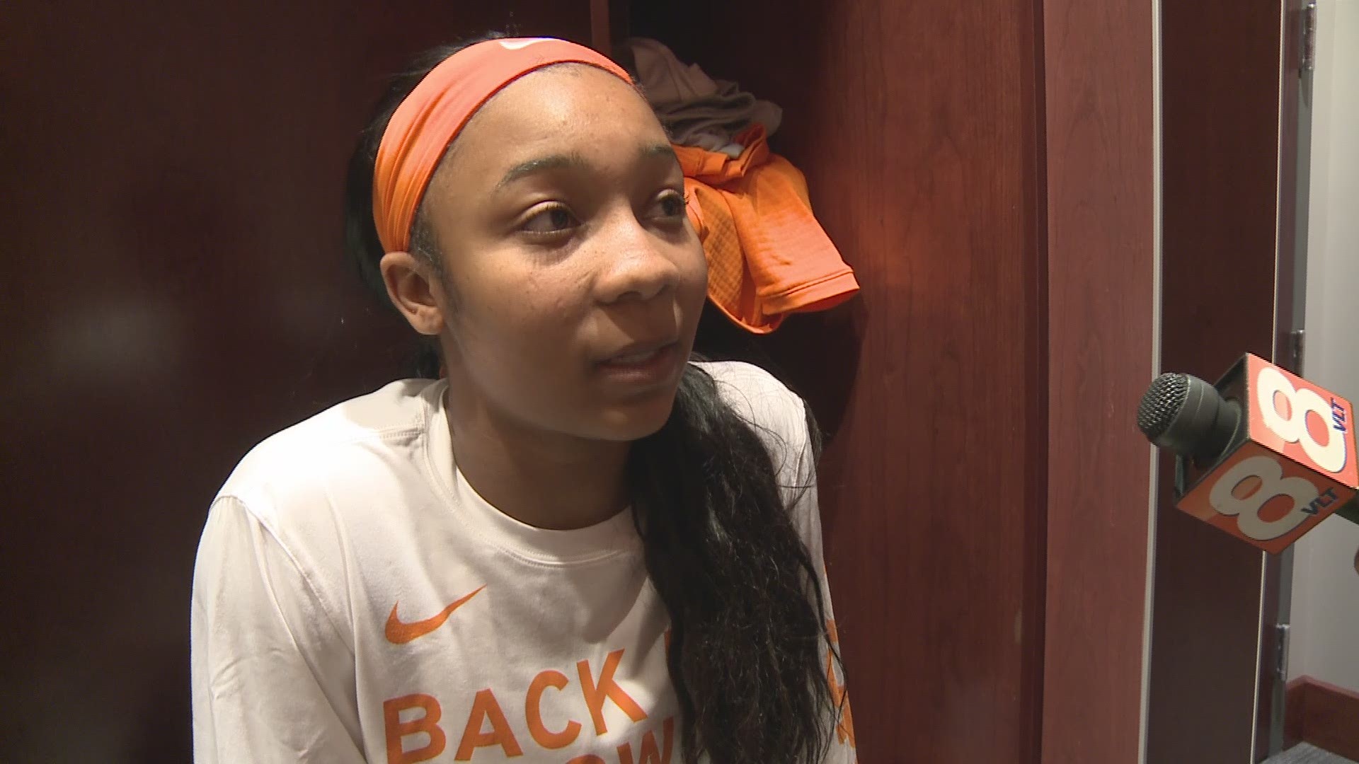 Freshman guard Anastasia Hayes talks to the media after Tennessee's 40-point win in the first round of the NCAA Tournament.