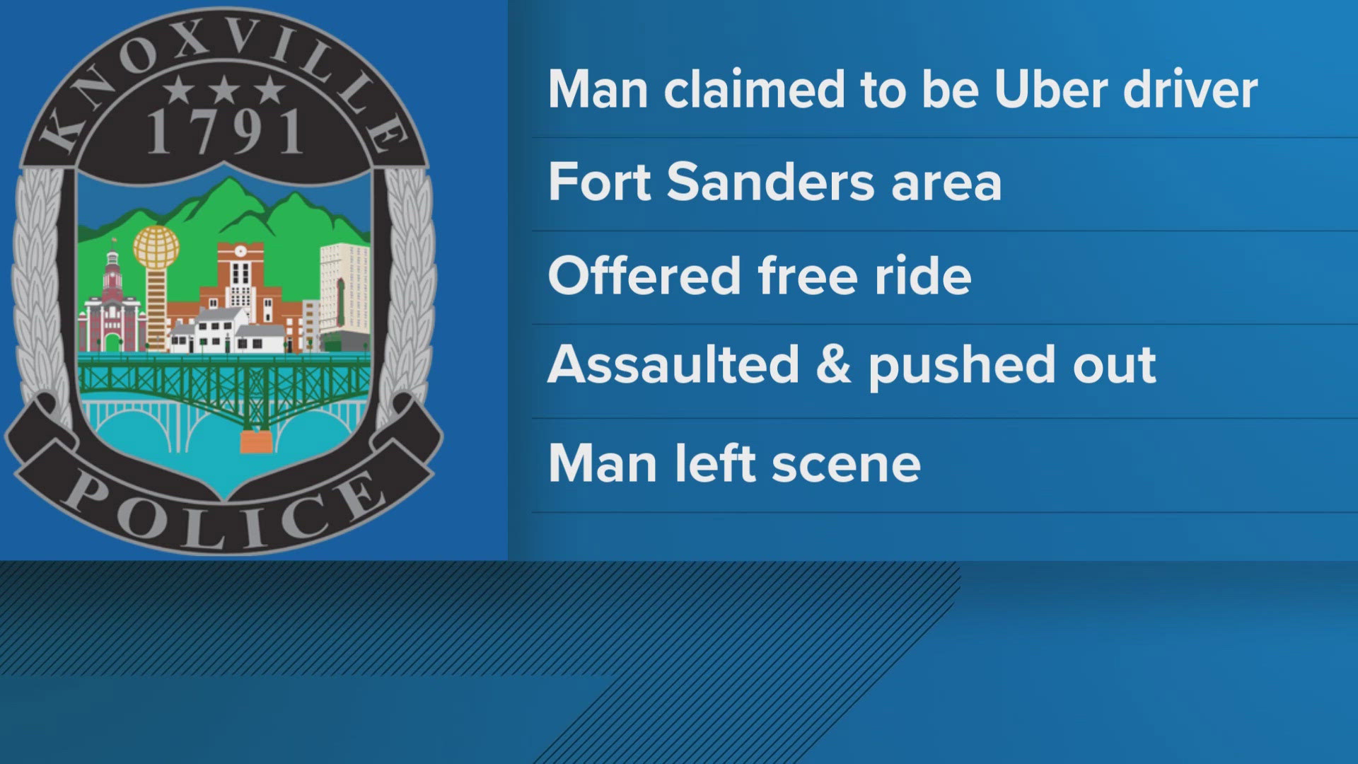 According to police, the woman said she was walking back to her apartment when a man pulled up, claimed he was an Uber driver and offered her a free ride.