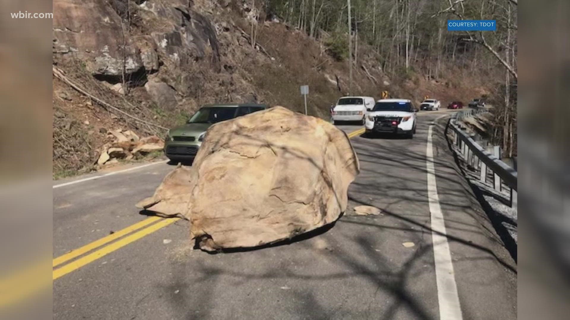 Wears Valley Road is back open tonight after a boulder fell in the middle of traffic.