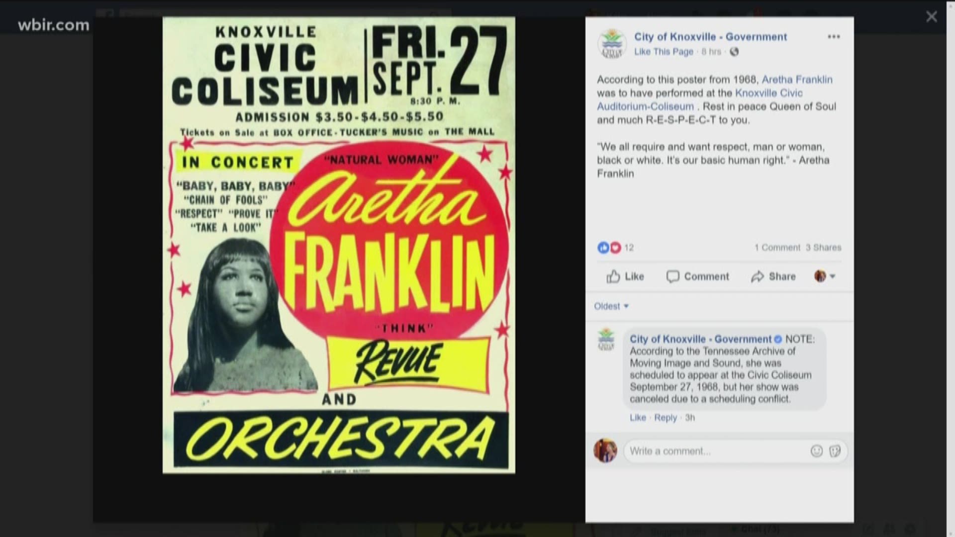 The City of Knoxville shared an image of the would-have-been concert's poster to remember Franklin, who died Thursday at age 76.