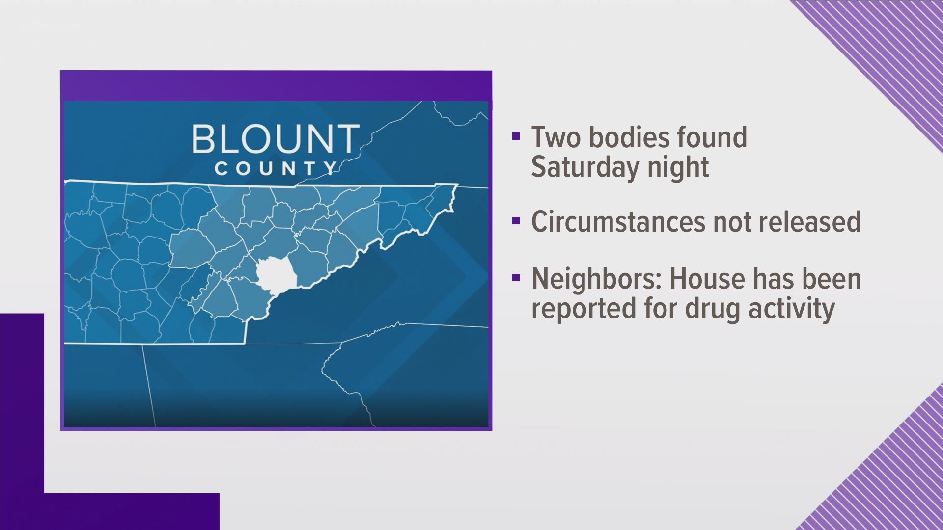 Officials investigating two bodies found in Blount County house on Saturday. Neighbors report that the house has been reported before for drug activity.