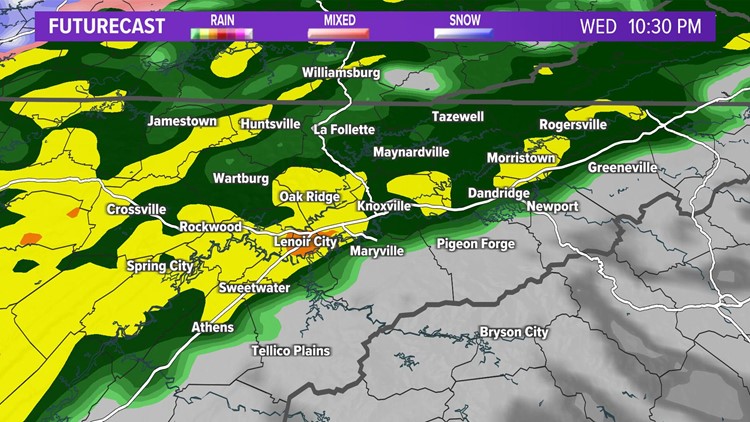 Rain showers transition briefly to snow showers by early Thursday AM