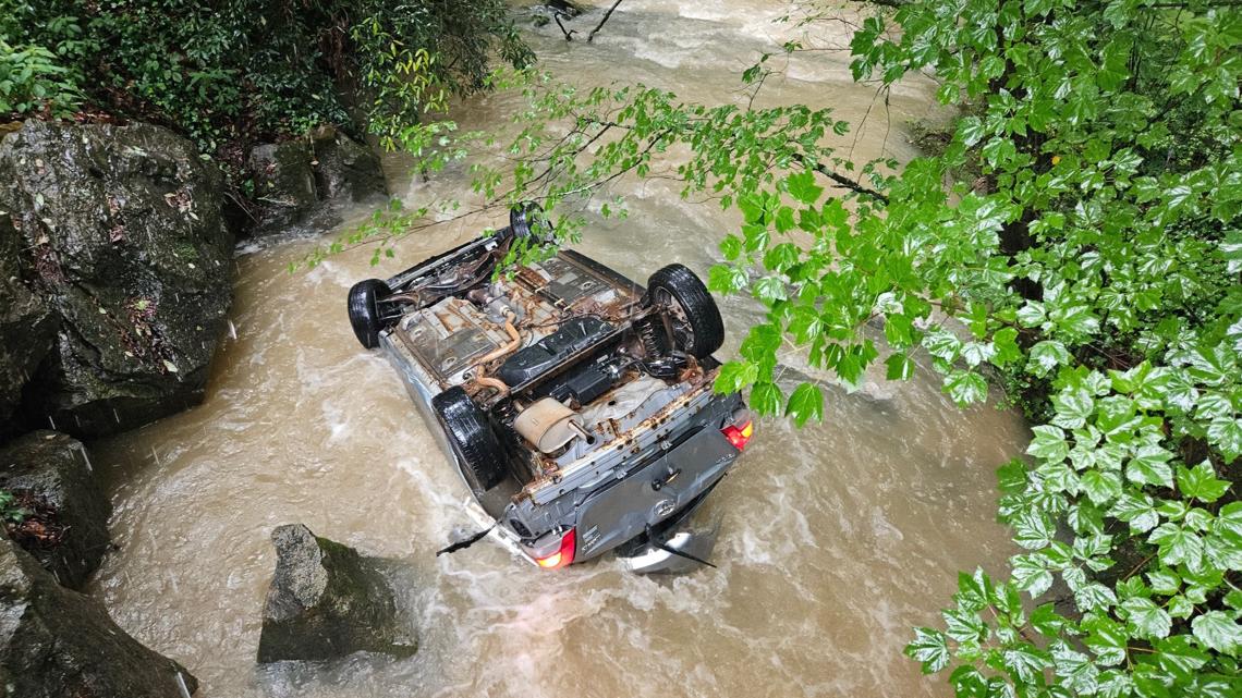 Slick roads from rain caused a vehicle to slide into a creek in Farragut, but no injuries were reported, according to Rural Metro Fire.