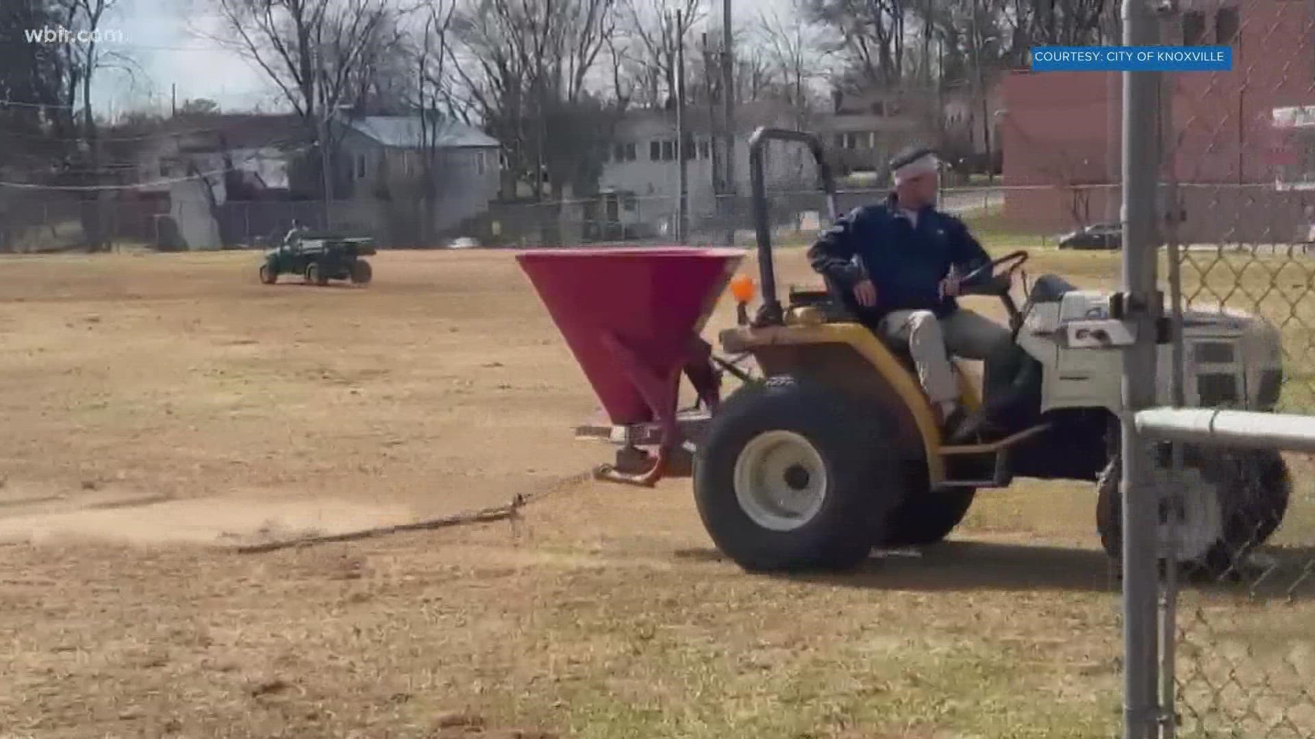 A crew with the Knoxville Parks and Recreation Department reseeded Austin-East Magnet High School's field after it was vandalized in late January.