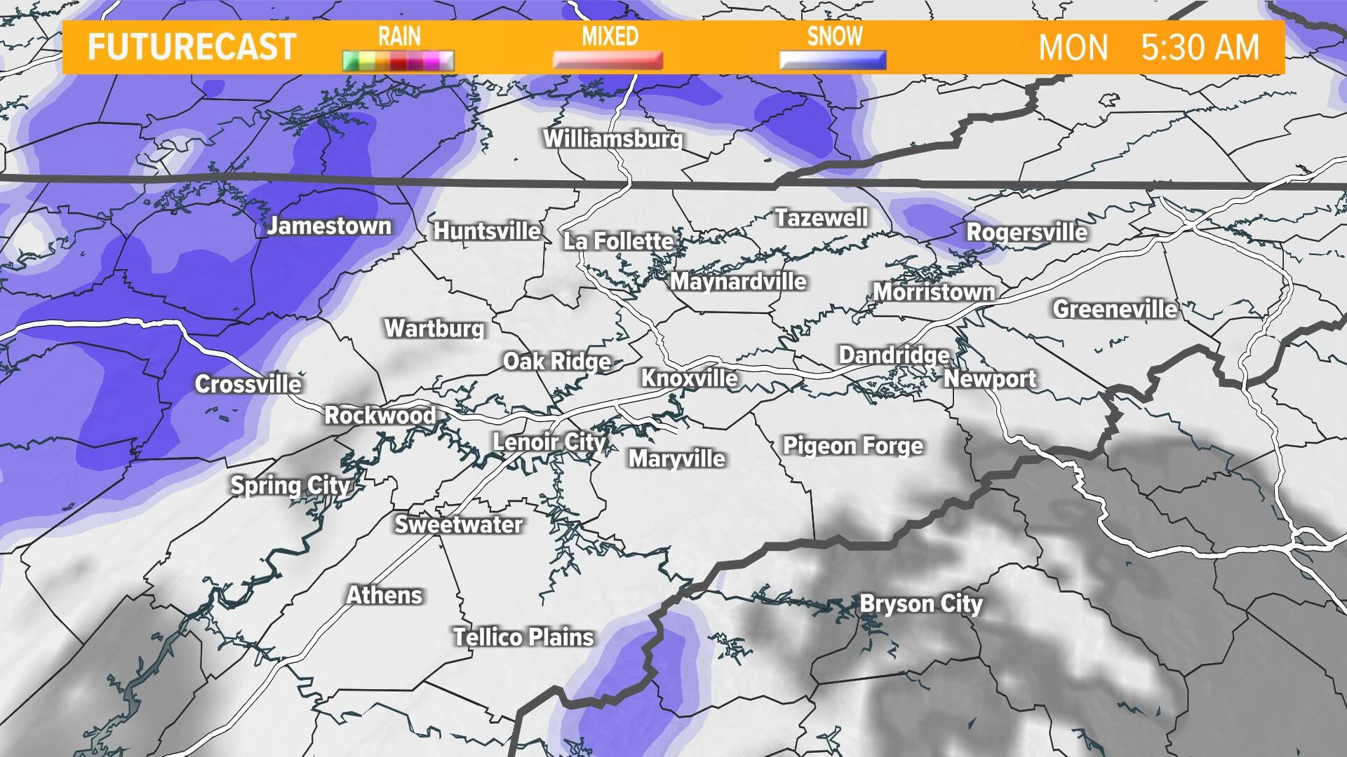 A few light snow showers/flurries to get this Monday started