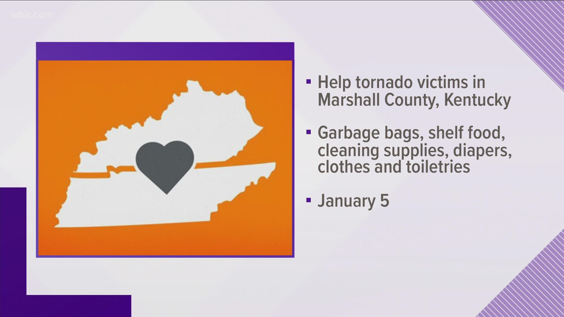 The items needed include garbage bags, shelf food, cleaning supplies, diapers, clothes and toiletries. Items will be collected through Wednesday, Jan. 5.