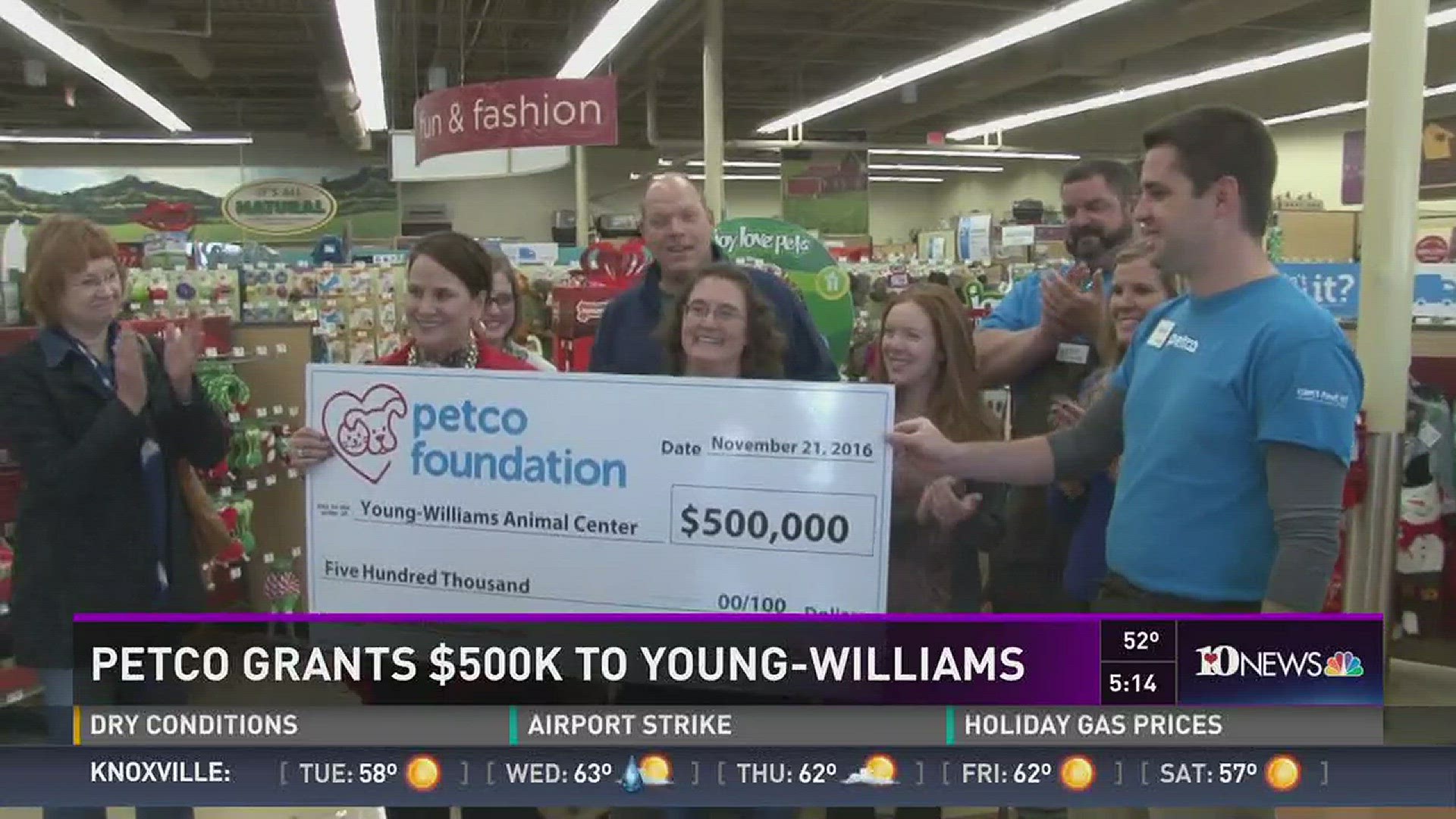 Petco presented a $500,000 check from the Petco Foundation to Young-Williams Animal Center Monday. Young-Williams will use that money towards initiative and renovation efforts over the next two years. November 21, 2016.