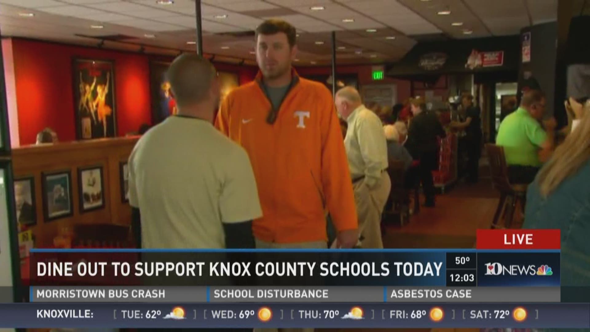 About 40 East Tennessee restaurant chains at almost 70 locations will donate 10 percent of the pre-tax proceeds from their Tuesday sales to the Knox County Schools.