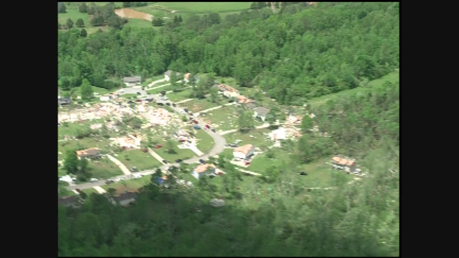 Aerial view of the tornado damage in Bradley County, Tennessee, on the night of April 27. 2011.