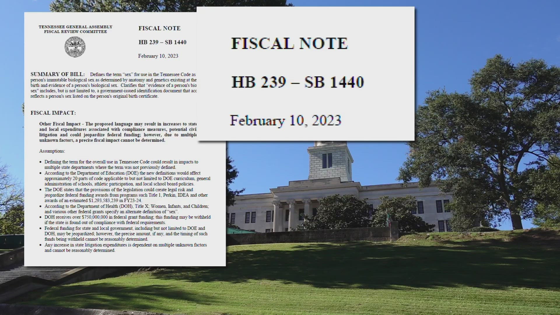 SB 1440's fiscal note said the bill risks nearly $1.3 billion in Department of Education funding for Tennessee.