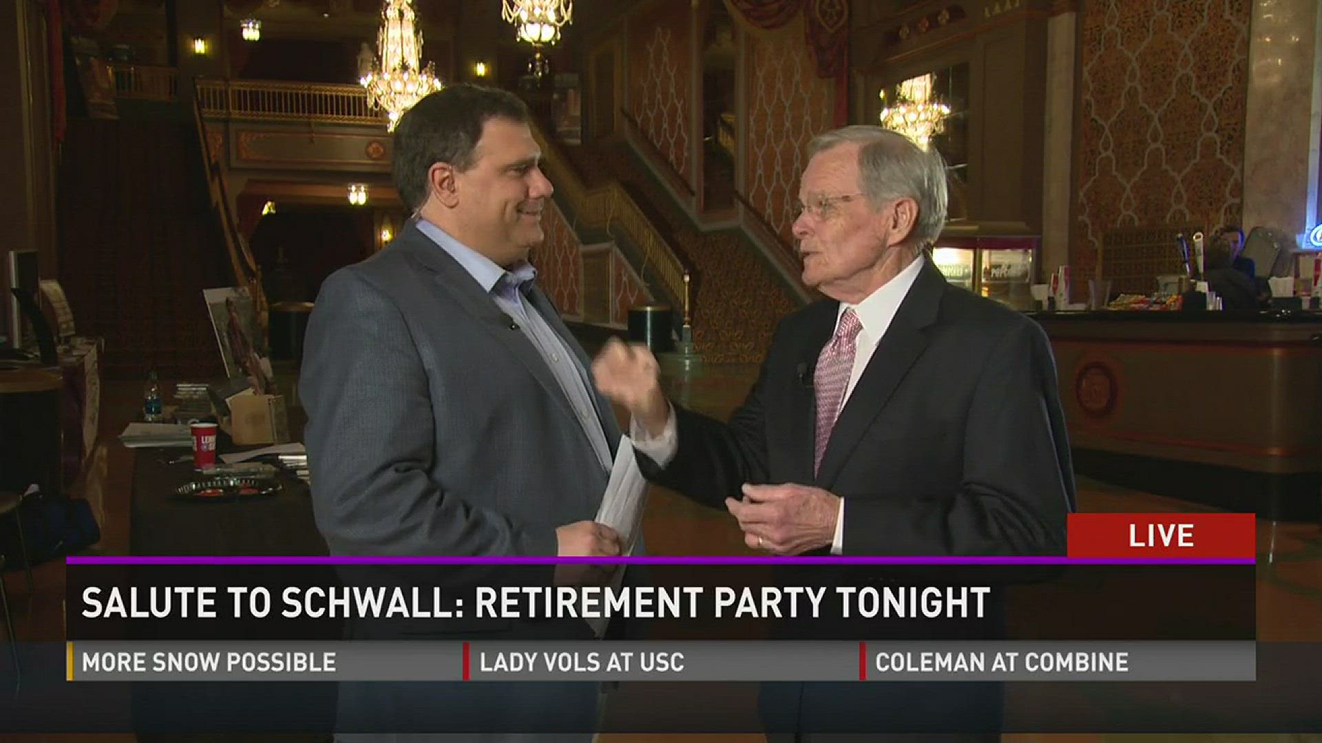 WBIR Anchor Emeritus Bill Williams is the emcee for his dear friend Ken Schwall's retirement celebration at the Tennessee Theatre. Mon. 2-23-2015