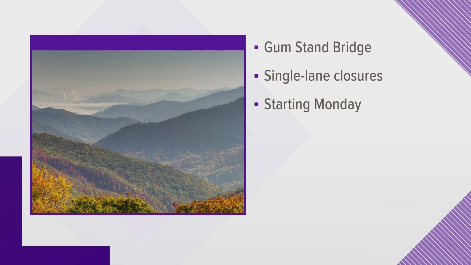 Great Smoky Mountains National Park officials announced some single-lane closures at Gum Stand Bridge, located between the northbound and southbound Spur.