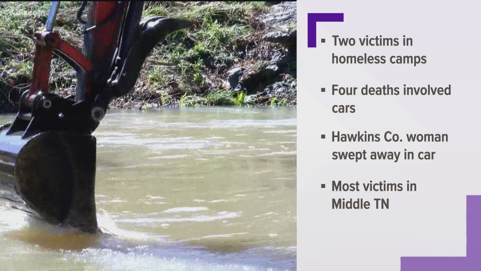 TWO OF THe VICTIMS WERE FOUND IN HOMELESS CAMPS. FOUR DEATHS INVOLVED CARS - INCLUDING A HAWKINS COUNTY WOMAN WHOSE CAR WAS SWEPT AWAY BY FLOODWATERS.