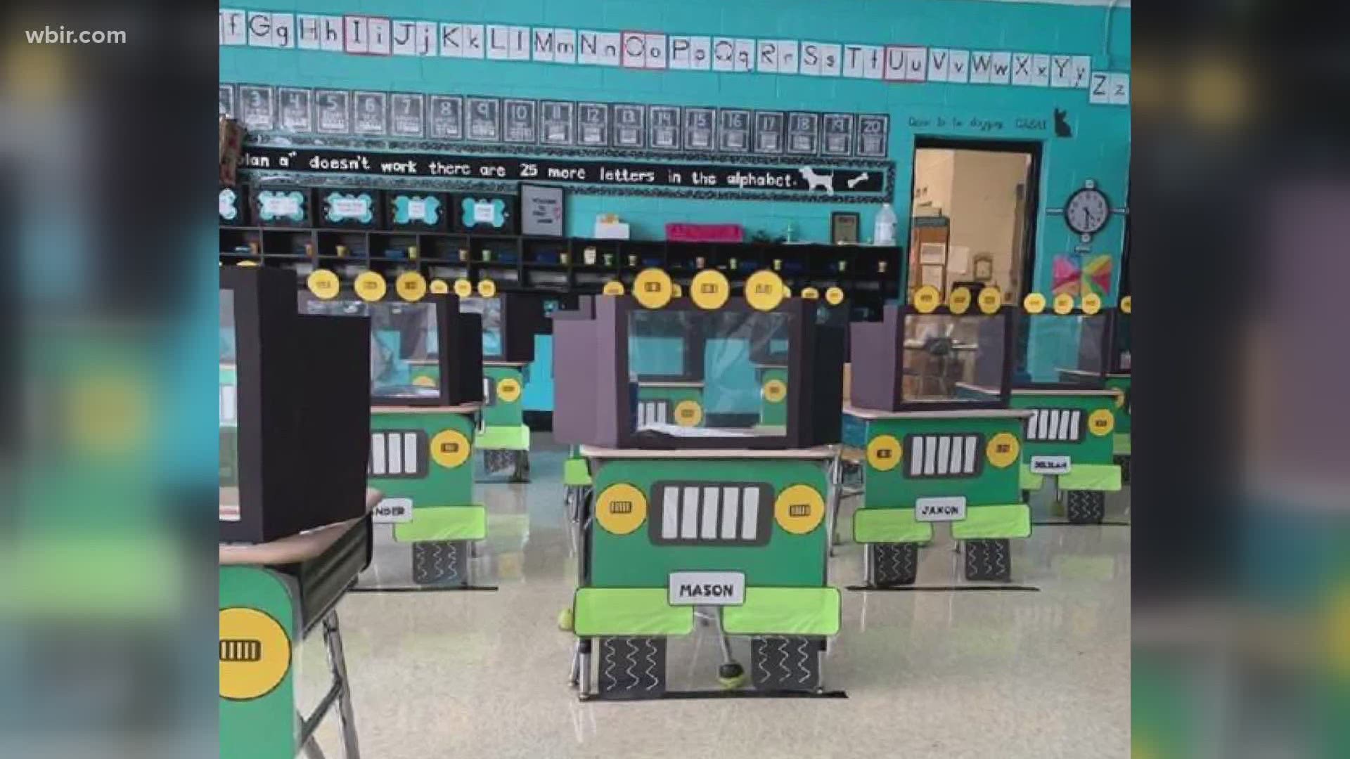 Courtney Huster and Grace Stansberry spent an entire day just making the outside of these physically distanced jeeps for their first graders.