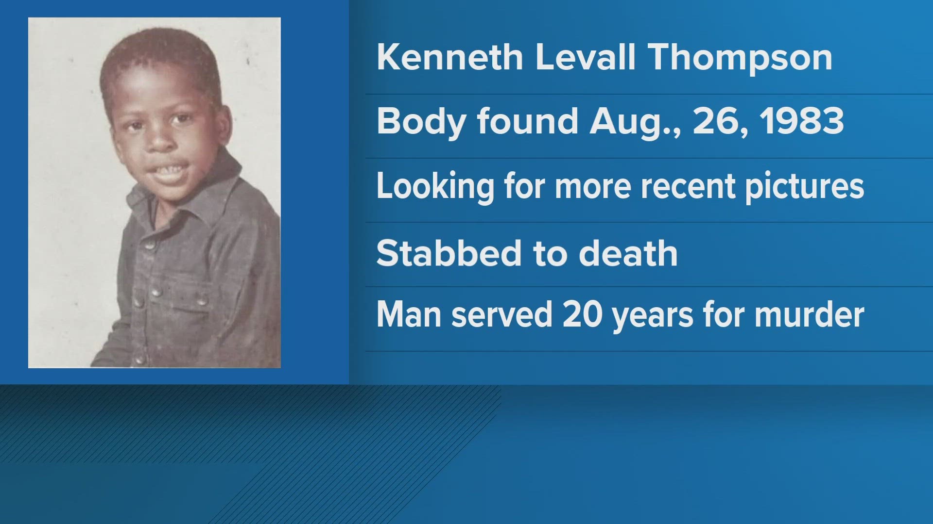 Investigators say the body belonged to Kenneth Levall Thompson. His skeletal remains were found in a wooded area near Sycamore Lane on August 26th, 1983.