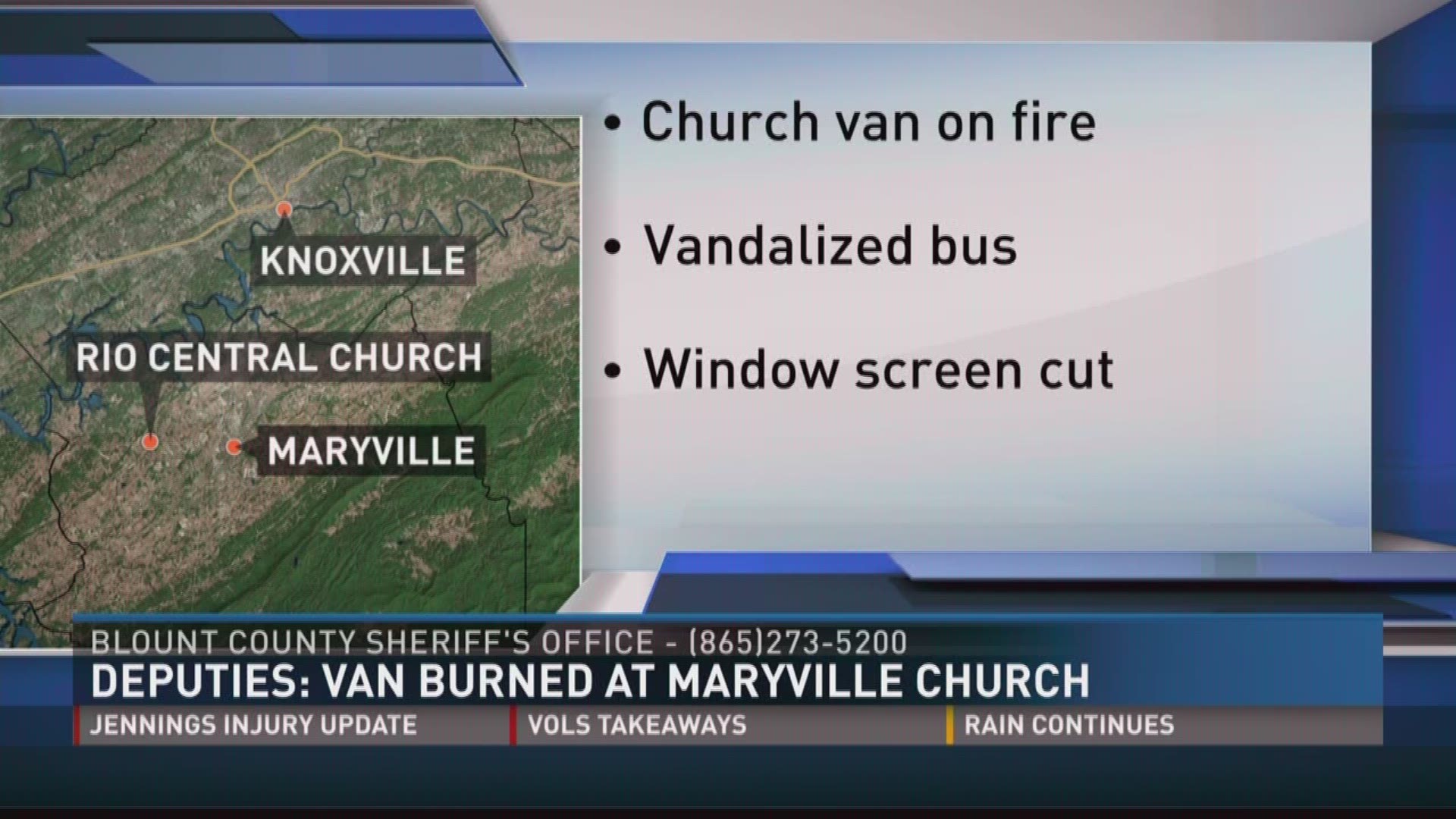 A church van was lit on fire, a bus was vandalized, and a window screen was cut overnight.