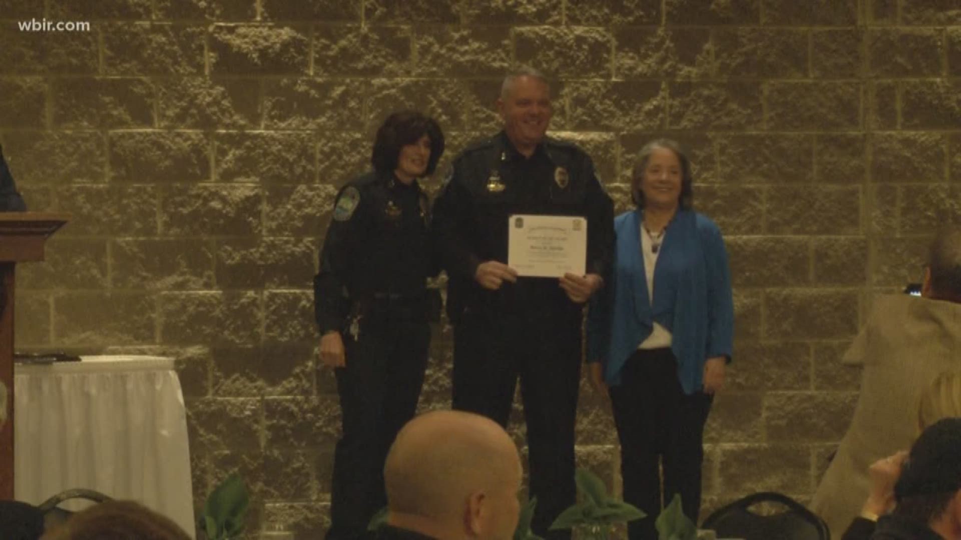The Knoxville Police Department today awarded Officer B.K Hardin its Purple Heart award. Police say Hardin was directing traffic in Fort Sanders back in November after a game when someone hit him with a hammer or tire iron from behind, fracturing his skull. Knoxville police also honored Cody Griffith who was at the scene and did what he could to help that injured officer.