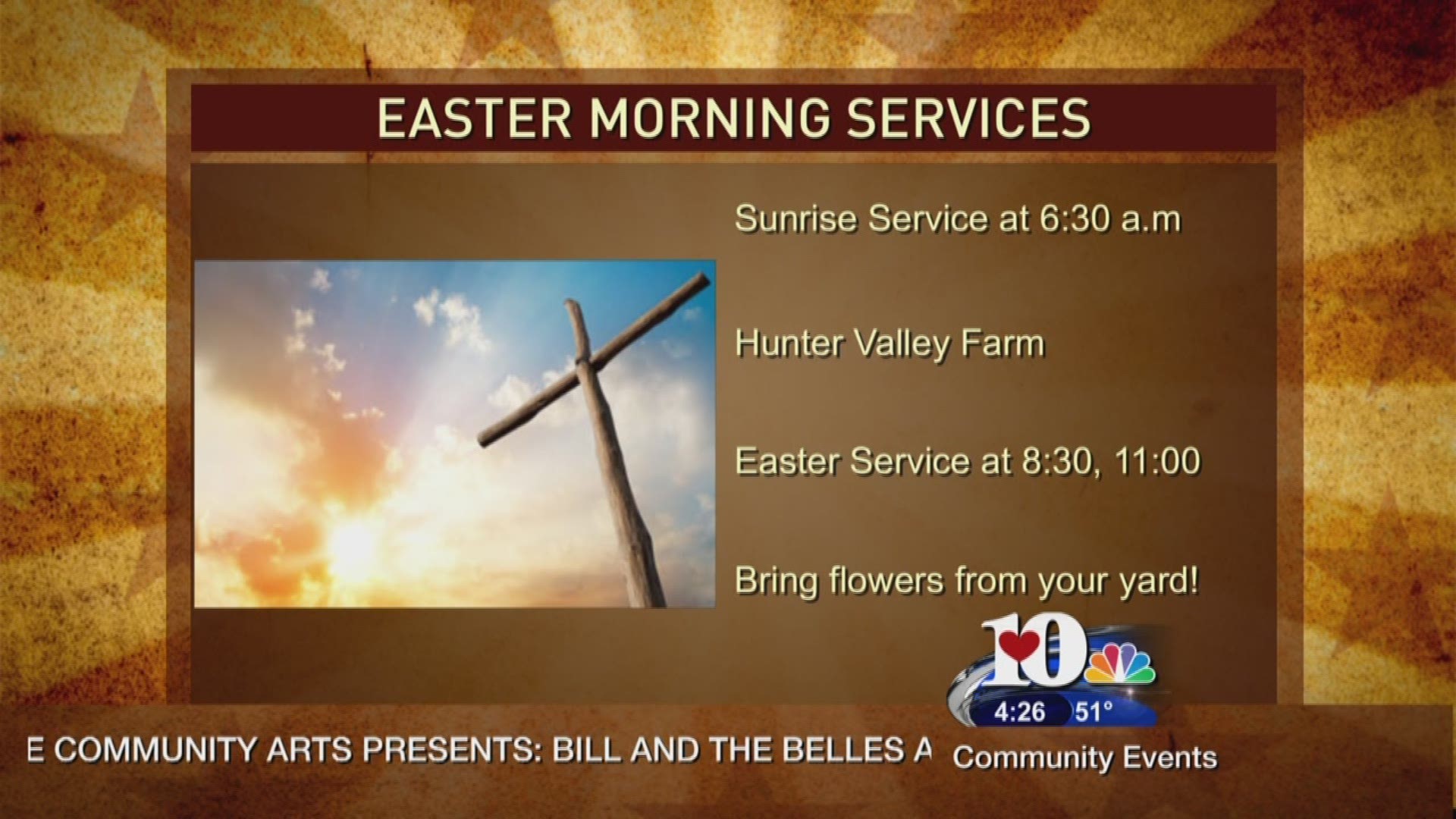 Sequoyah Hills Presbyterian is celebrating the holiest day of the Christian calendar by offering a Sunrise Service at Hunter Valley Farms, followed by a butterfly release during services back at the sanctuary.