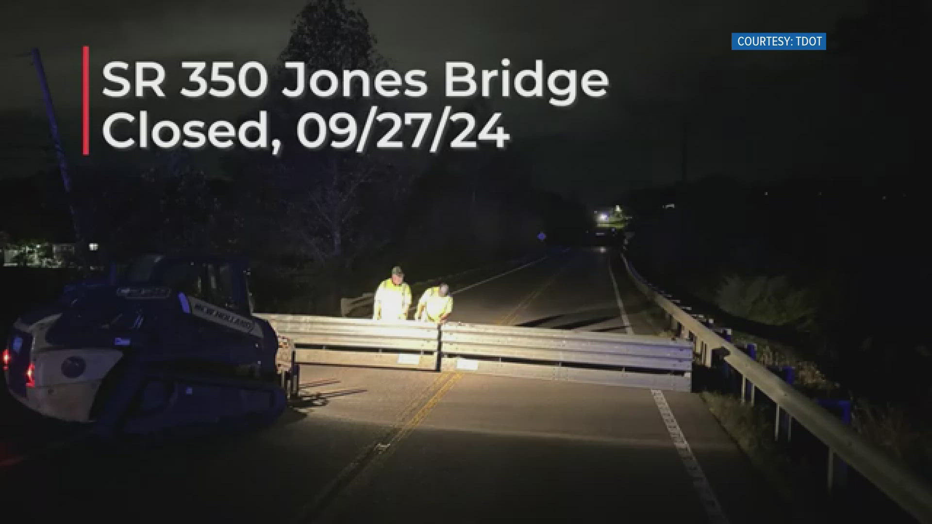 SR 350, also known as Jonas Bridge Road, was covered under 30 feet of debris. TDOT said chunks of the road were missing, revealing bare dirt and bent utility poles.