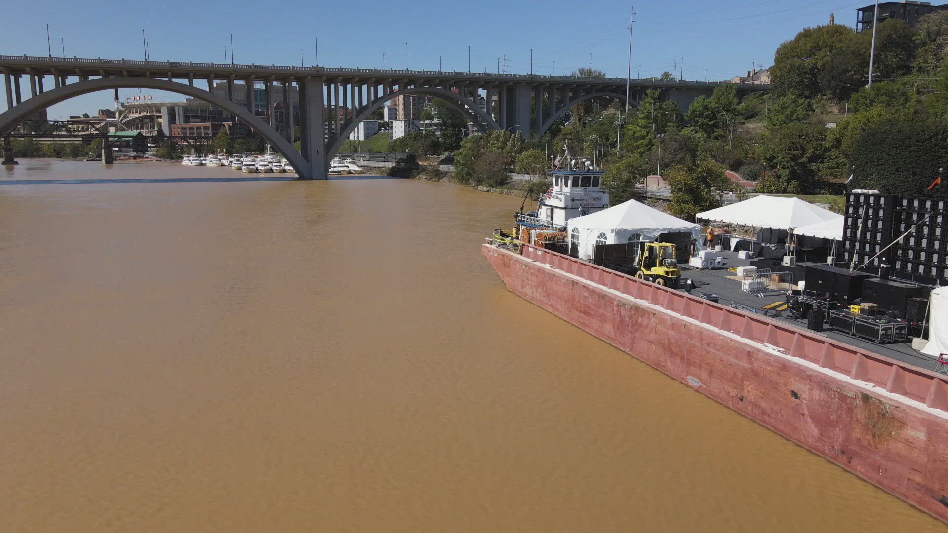 The barge is currently located at Volunteer Landing Park and is around 700 feet by 200 feet large.