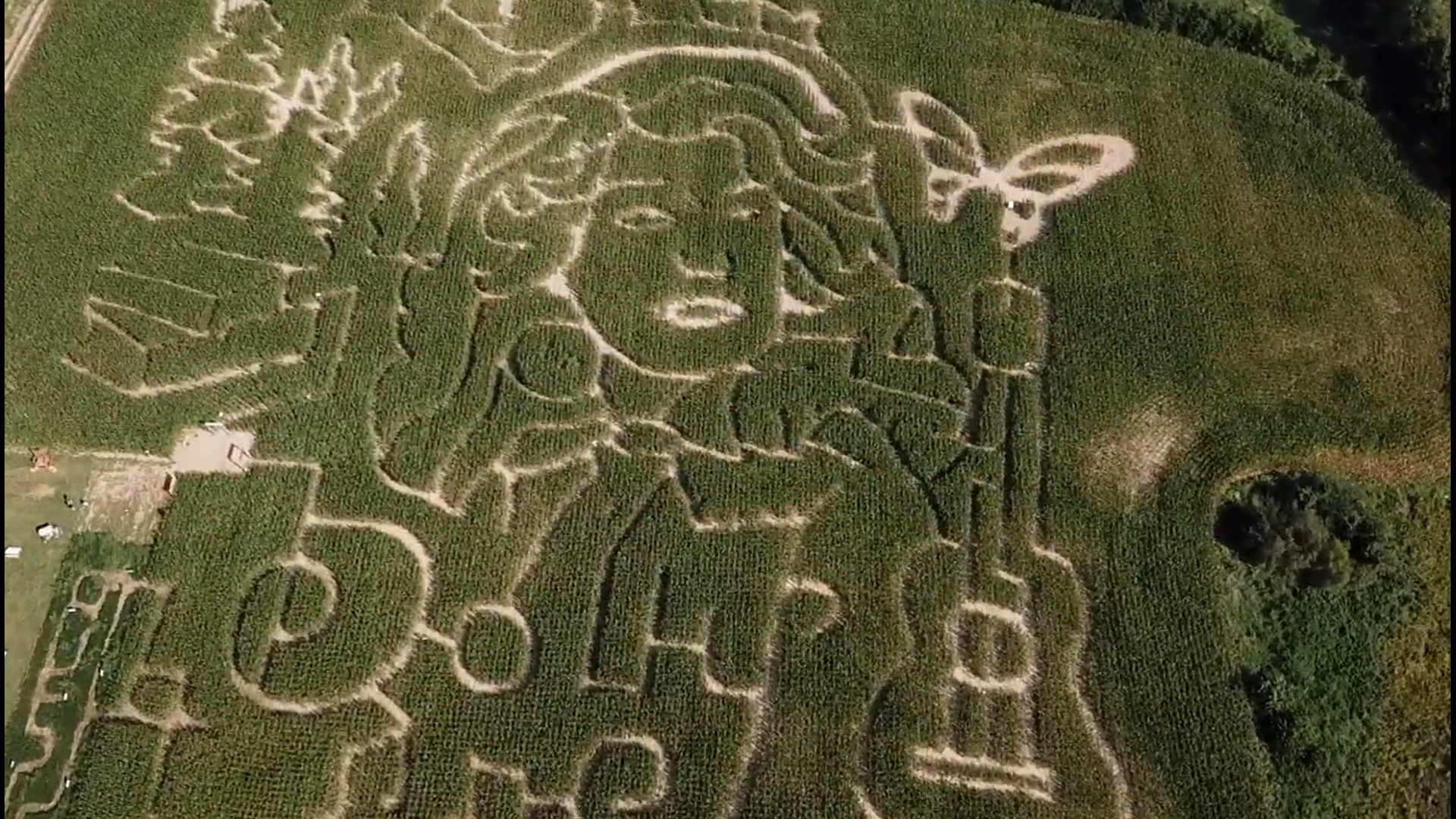 The Van Buren Acres corn maze in Hebron, Ohio will be open through Halloween. It features Dolly Parton and many of the things she is best known for.