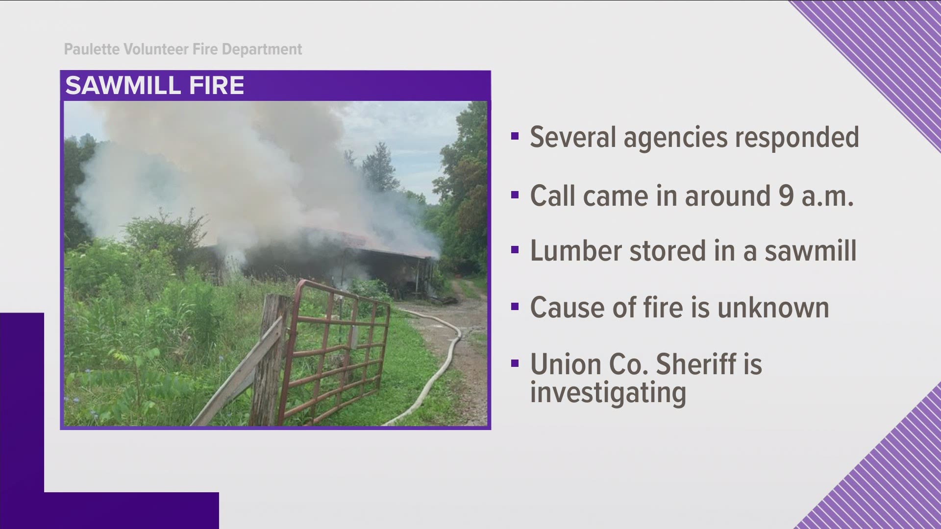 Calls came in at around 9 a.m. that a sawmill was on fire in Union County.