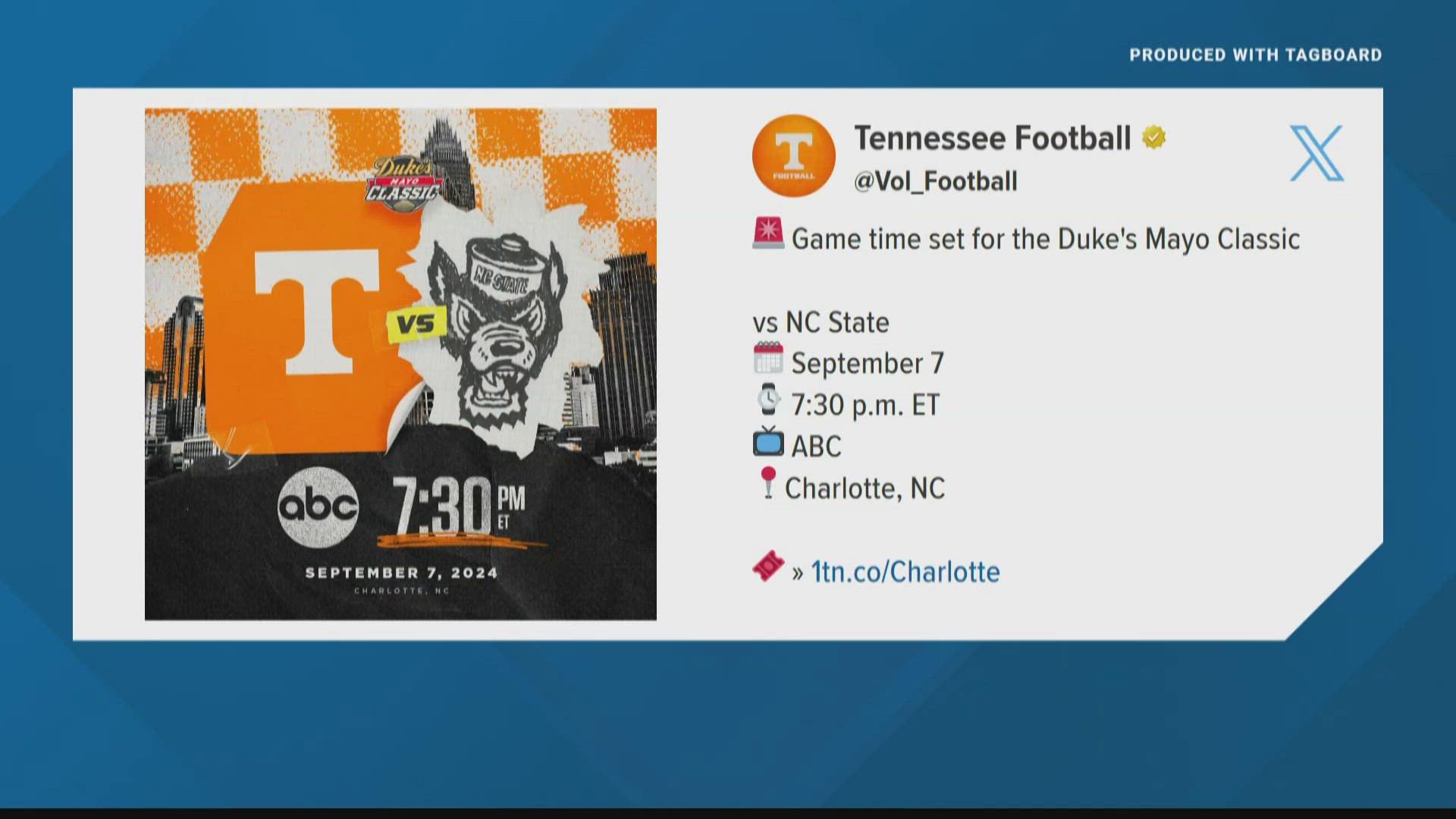 Tennessee's second game of the season against NC State in Charlotte is scheduled for 7:30 p.m.