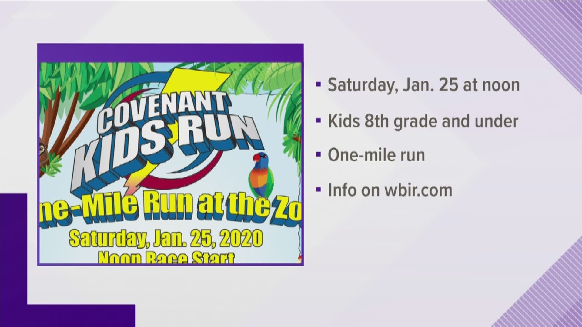Zoo Knoxville hosts the Covenant Kids Run on January 25, 2020. Kids 8th grade and younger run one mile. $20 fee to enter. Includes zoo admission.