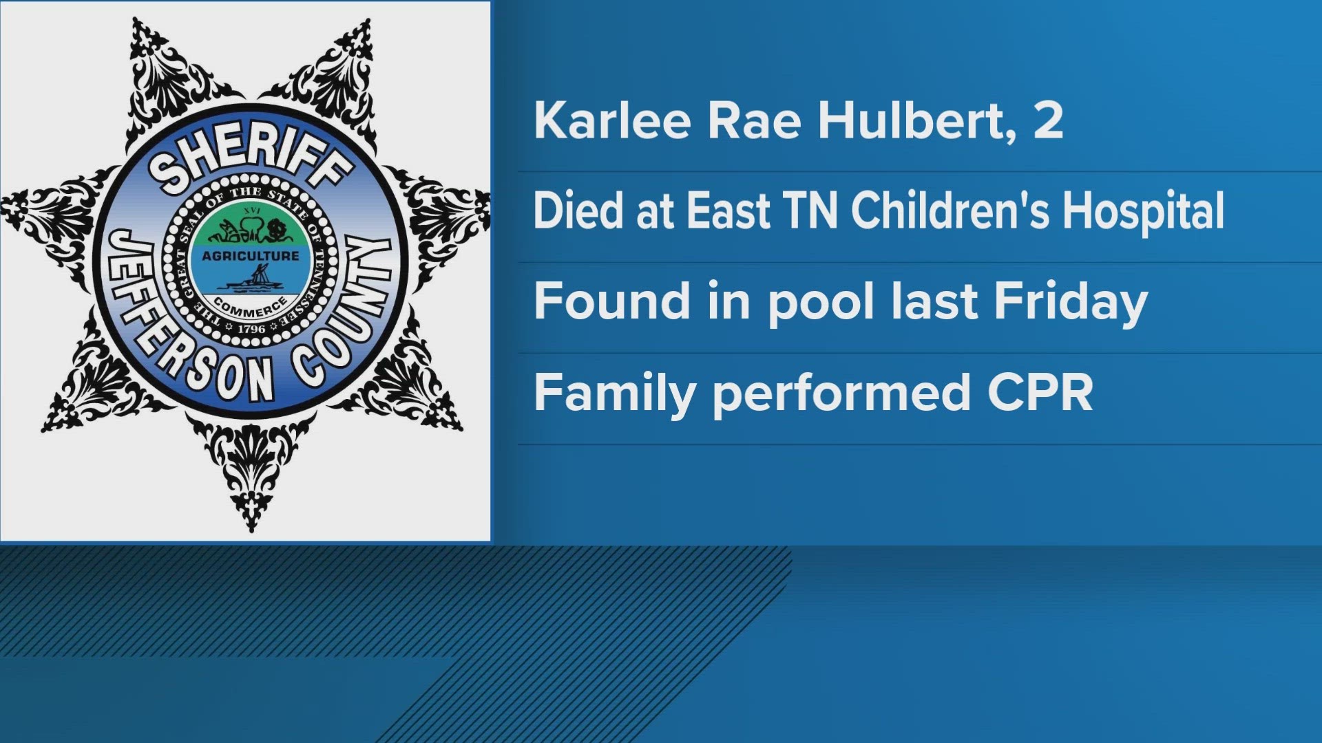 The Jefferson County Sheriff's Office said the baby, Karlee Rae Hulbert, died at the East Tennessee Children's Hospital Friday.