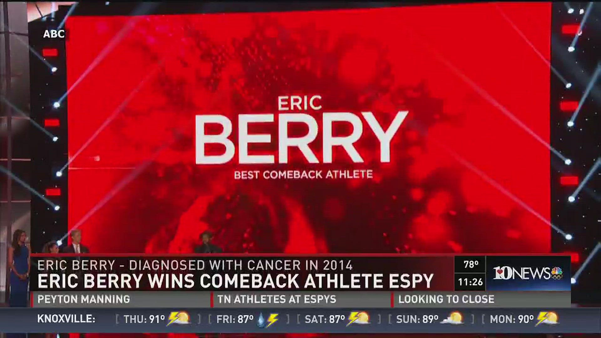 After battling Hodgkin's Lymphoma, former Vol Eric Berry wins Best Comeback Athlete at the ESPYS.