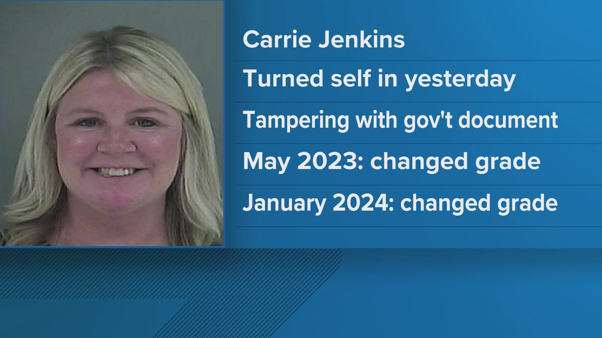 Carrie Jenkins was arrested for allegedly tampering with student grades during her tenure at Clinton High School.