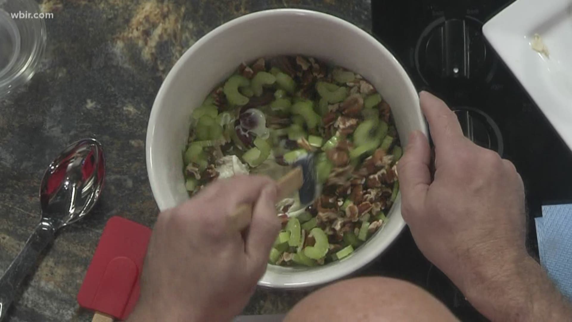 Chicken tenders, celery, grapes and pecans give this chicken salad recipe its flavor.