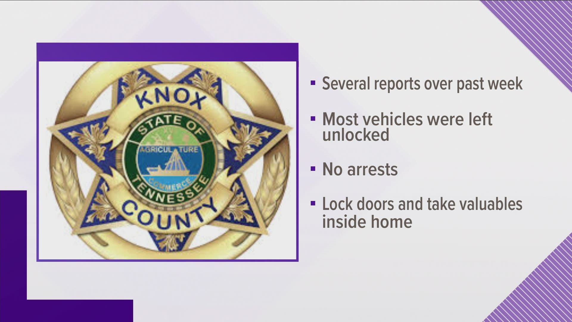 Deputies said there have been about a dozen reports of thefts or attempted thefts out of cars over the past week.