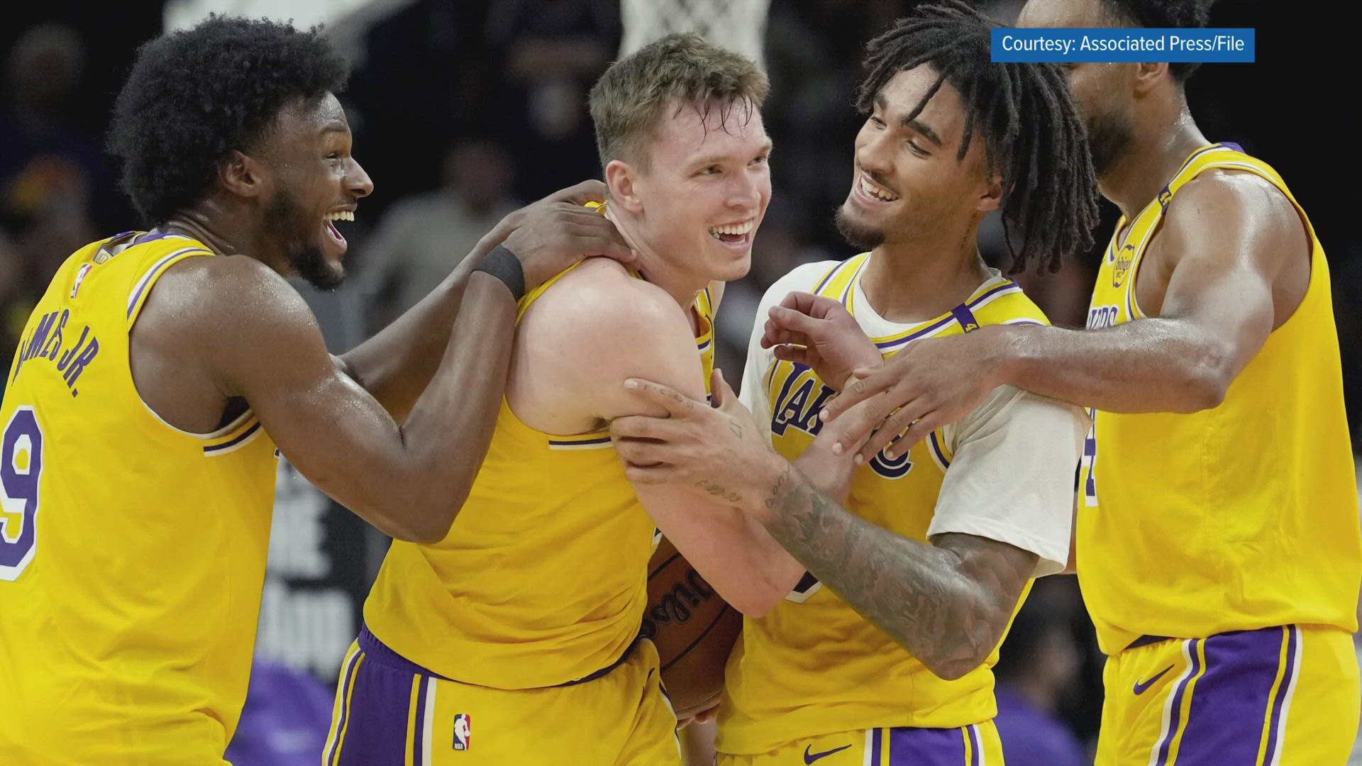 The Lakers shared a post to social media with the starting lineup, including not only Knecht but also Lebron James, Jaxson Hayes, Austin Reaves and D'Angelo Russell.