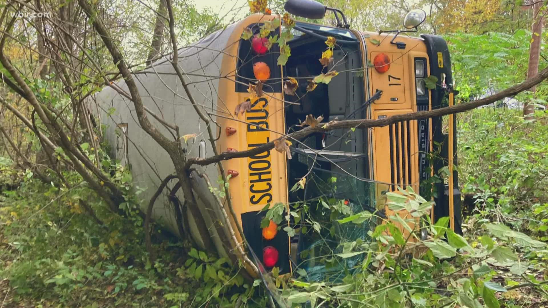 27 kids from three different schools were on the bus being driven by a teacher when it went off the road and rolled over, but no one was seriously hurt.