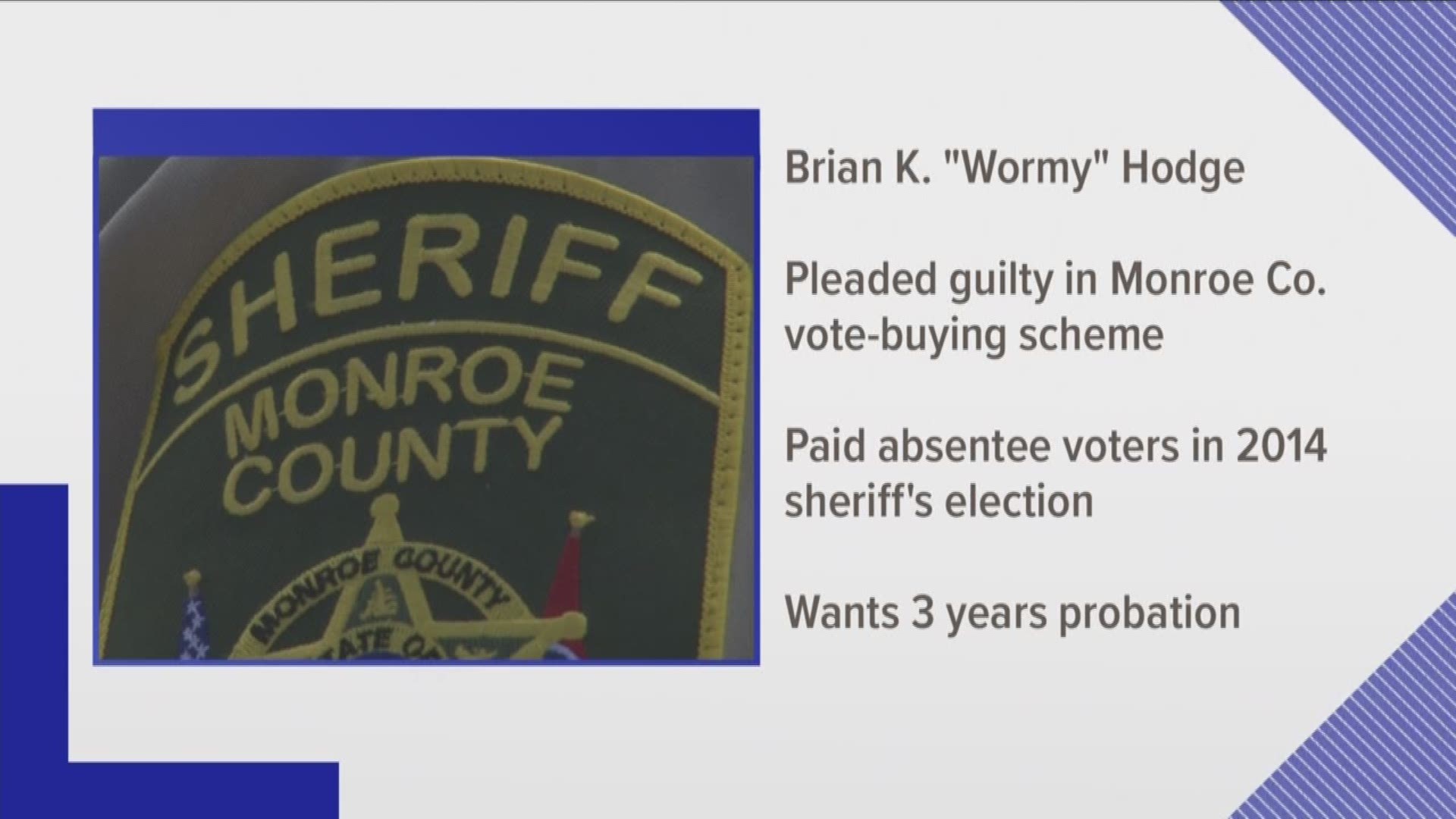 A former Monroe County reserve deputy wants 3 years probation for taking part in a vote-buying scheme.