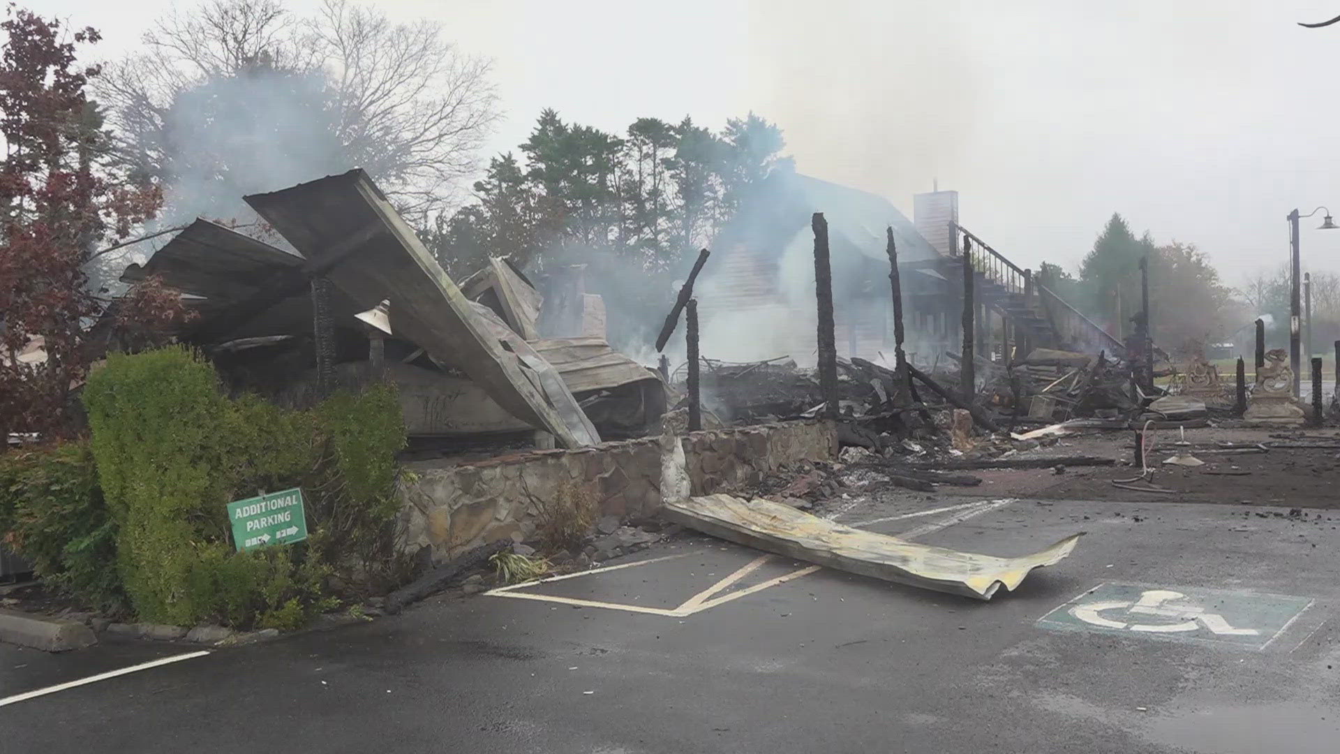 The Trailhead Steak and Trout House early Friday morning. The blaze burned the restaurant to the ground.