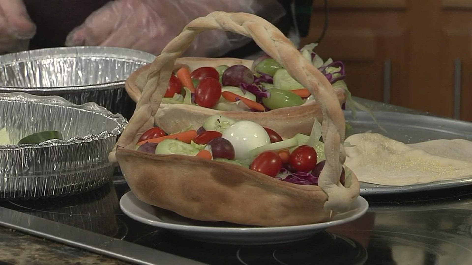 Jay Bernard from Metro Pizza creates a Easter bread basket full of salad.Metro Pizza is located at 1084 Hunters Crossing in Alcoa, mmmetropizza.com or 865-982-2200April 14, 2017-Live at Five at 4