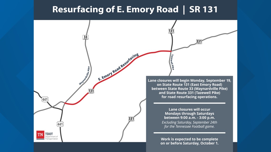 TDOT: Lane closures scheduled for E. Emory Road | wbir.com