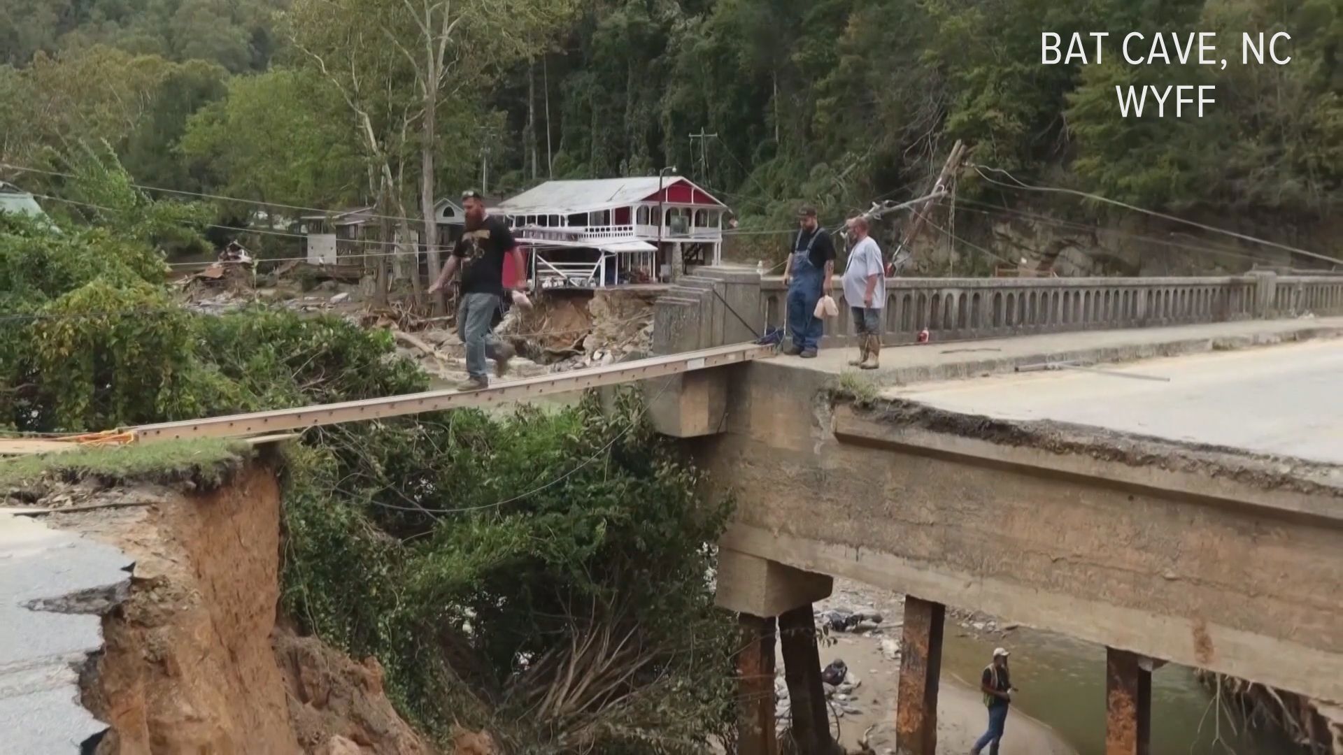 Footage from the sky shows the extent of some of the damage in Western North Carolina. Homes that were once along the river at Bat Cave disappeared after the floods.