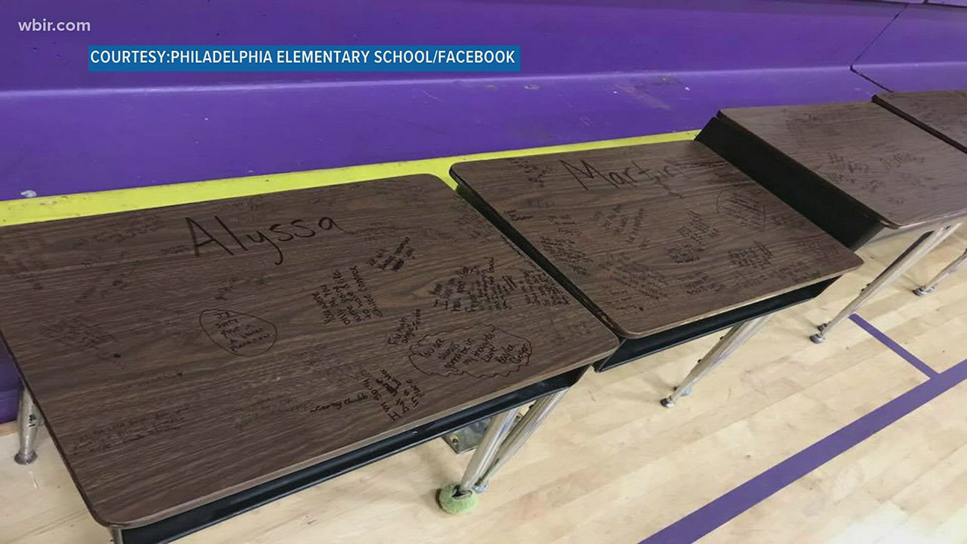 Students at Philadelphia Elementary School took 17 empty desks and wrote messages to the 17 who died in the Parkland, Fla. high school shooting in February.