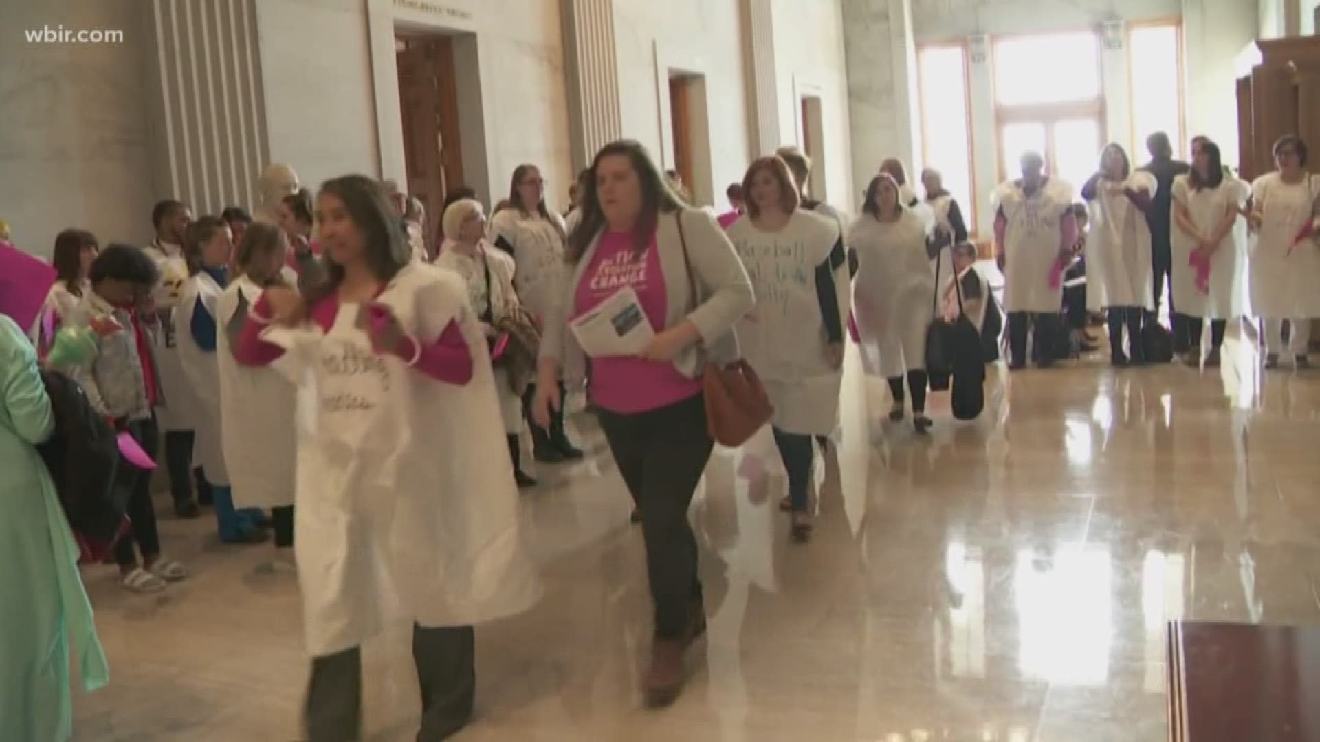 Demonstrators from Planned Parenthood stood in lines around the capitol wearing makeshift hospital gowns.