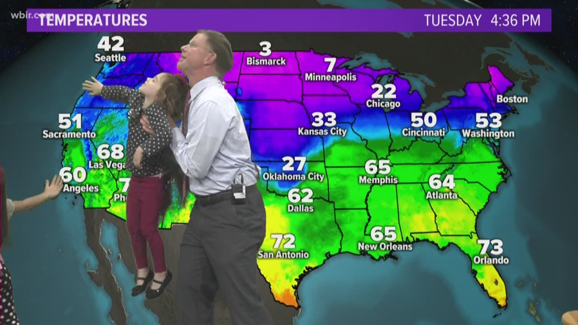 Junior anchors Ella and sister Audrey give Todd a run for his money in his weather forecast. He gets some practice on becoming a grandfather to girl later this year (he has four sons). Feb. 26, 2019-4pm