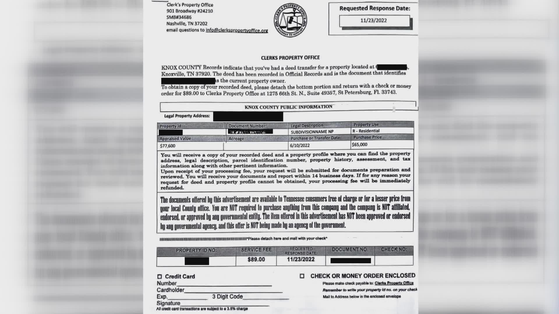 The letter asks mostly new property owners to pay $90 to receive a copy of their deed. The records are available for free online.