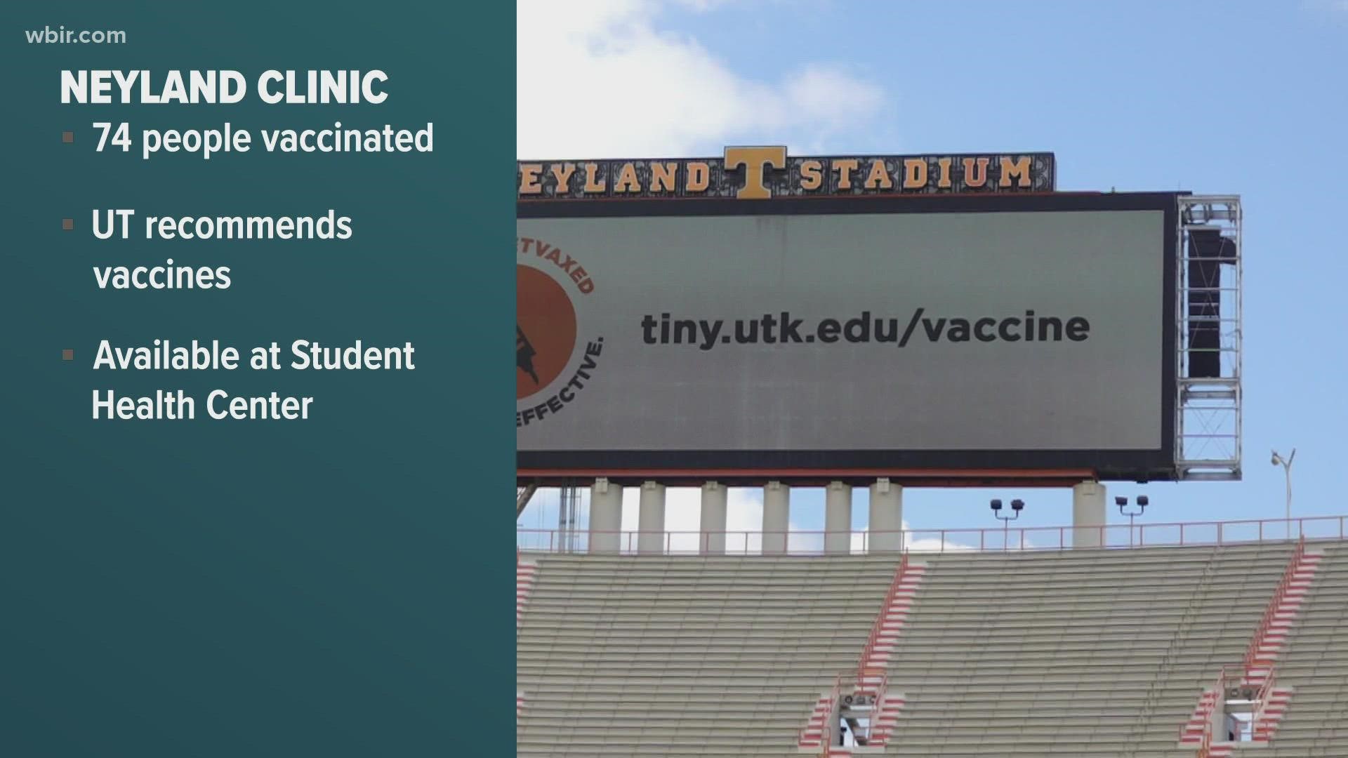 UT said 74 people got a free COVID-19 vaccine last Wednesday. A spokesperson said they strongly recommend all Vols get vaccinated.