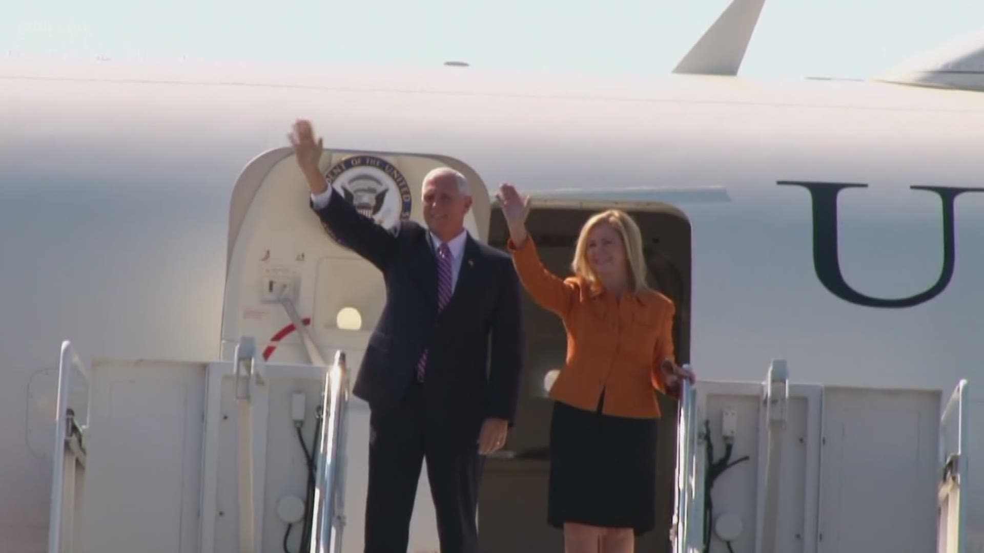 Pence arrived around 11:20 a.m. on Friday. Republican Senate candidate Marsha Blackburn departed the plane with him after a meeting on board. A crowd was there to greet him. Pence is scheduled to appear at 2 events today - a fundraiser for Blackburn and a
