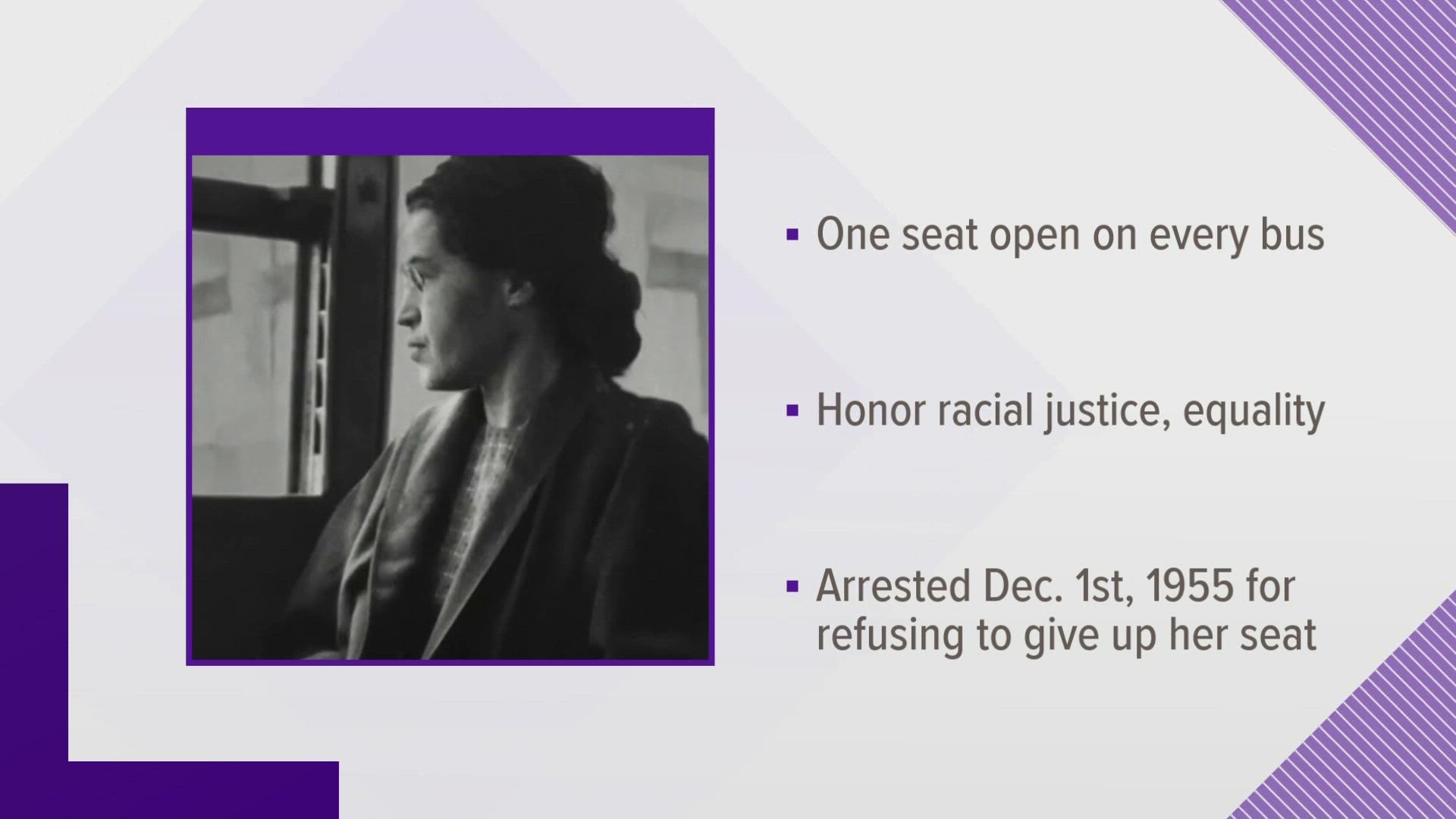 The transit agency will keep one seat open on every bus. KAT will mark those empty seats with a card recognizing the solo stand she took decades ago.